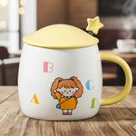 Керамическая кружка с крышкой и ложкой, бело-желтый, 420 мл