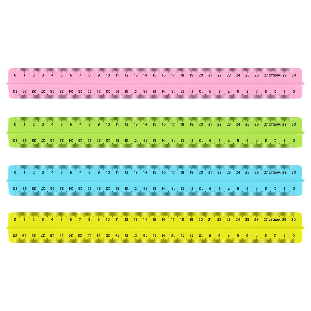 Линейка 30см, с держателем, пластиковая, прозрачная, флуоресцентная, Стамм, в ассортименте