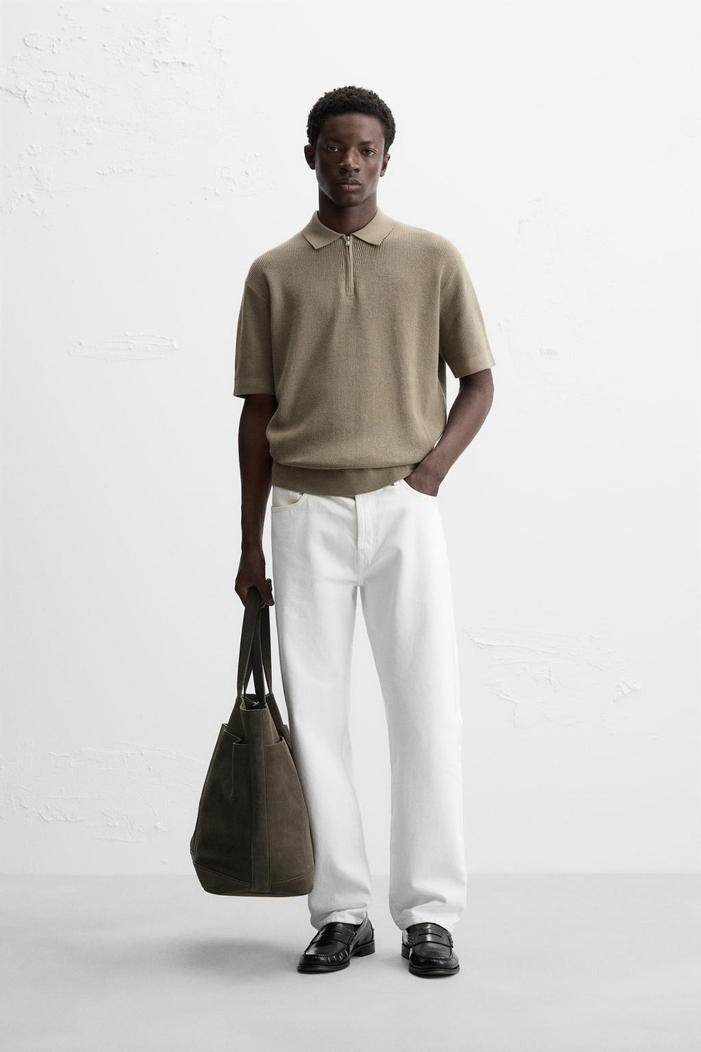 ZARA ПОЛО ПЛАТОЧНОЙ ВЯЗКИ С МОЛНИЕЙ, СВЕТЛЫЙ ХАКИ