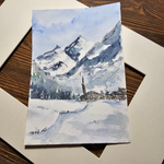 Картина авторская акварельная в паспарту 21х30 см на стену для интерьера "Зима"