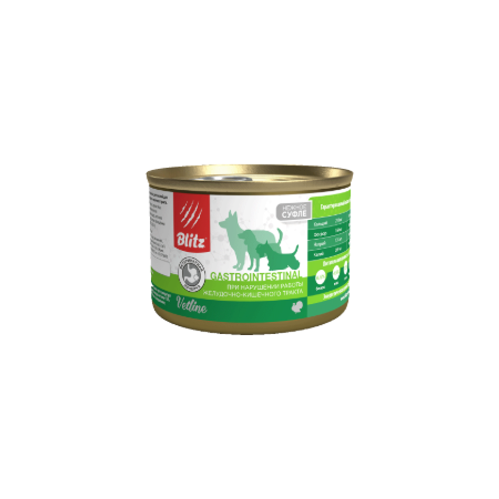 Влажный корм для собак консервы при нарушении работы желудочно-кишечного тракта Blitz Vetline Dog Gastrointestinal 0,2кг. 12 шт