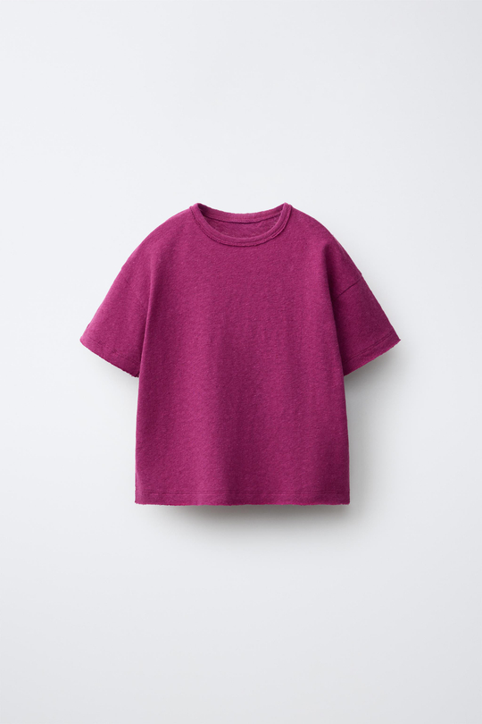 ZARA ФУТБОЛКА ИЗ ХЛОПКА И ЛЬНА, ЦВЕТ ФУКСИИ