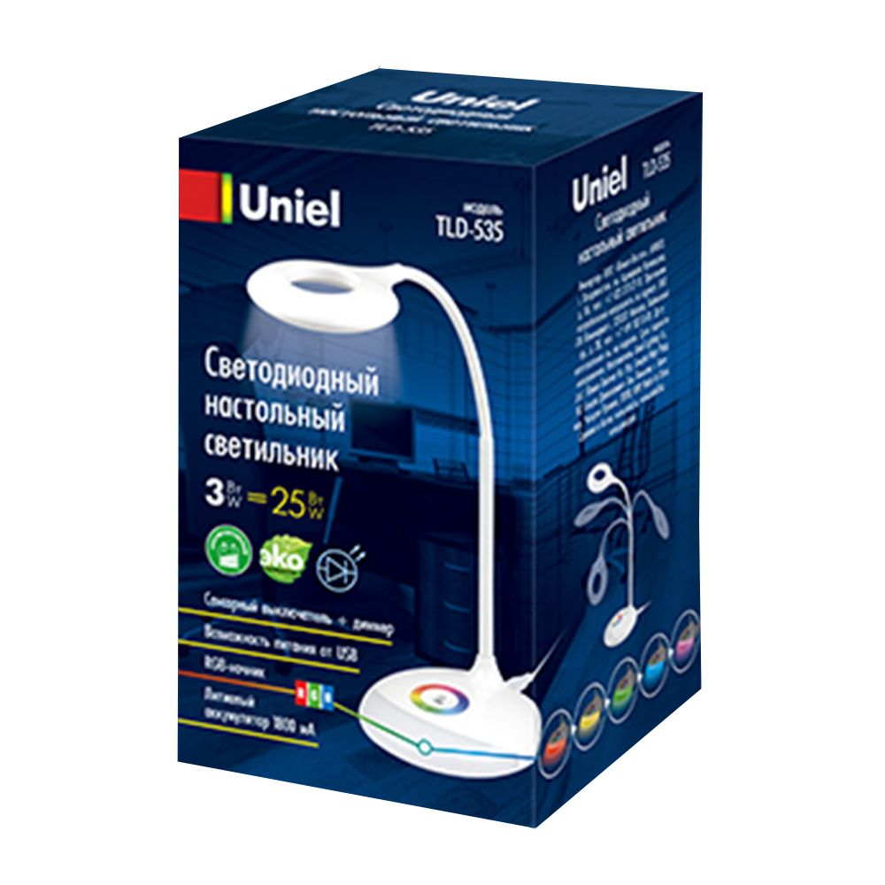 TLD-535 White-LED-250Lm-5500K-Dimmer Светильник настольный с ночником RGB. 4W. Встроенный аккумулятор 1800mAh. Сенсорный выключатель. Белый. TM Uniel.