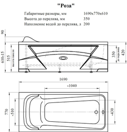 Акриловая ванна Роза 169х77, каркас