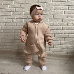 Комбинезон с начесом однотонный бежевый для новорожденных и детей до 1 года, ALARYSPEOPLE