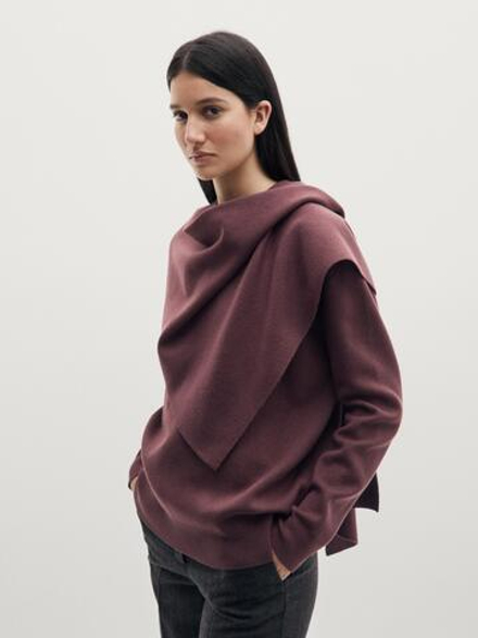 Massimo Dutti Вязаный свитер с шарфом, бордово-красный