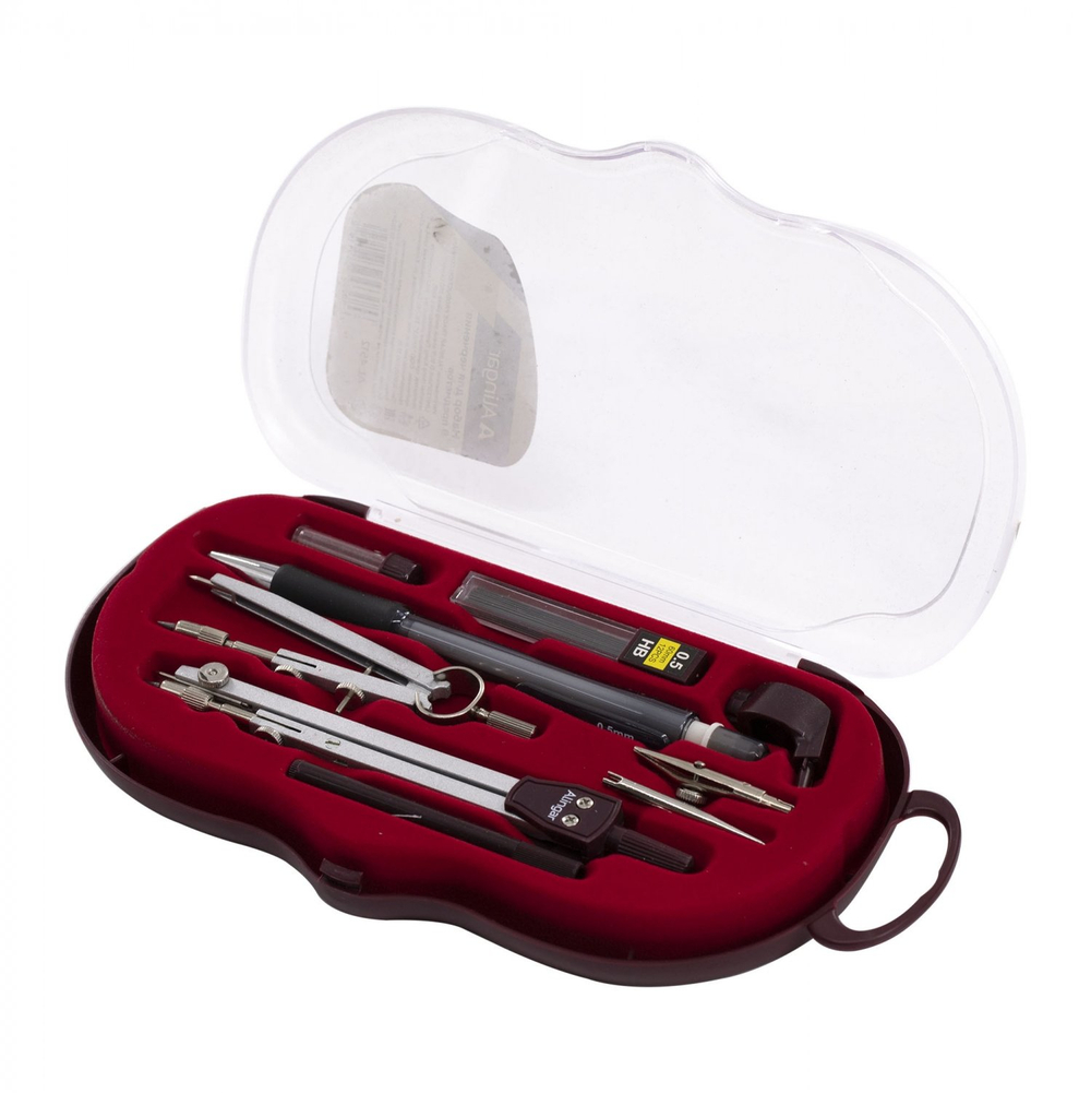 Готовальня Alingar, 9 предметов, метал.циркуль,мех.карандаш,рейсфедер.вст.,удлинитель,точечн.насадка,кронциркуль,универ.дерпластик. футляр, европодвес