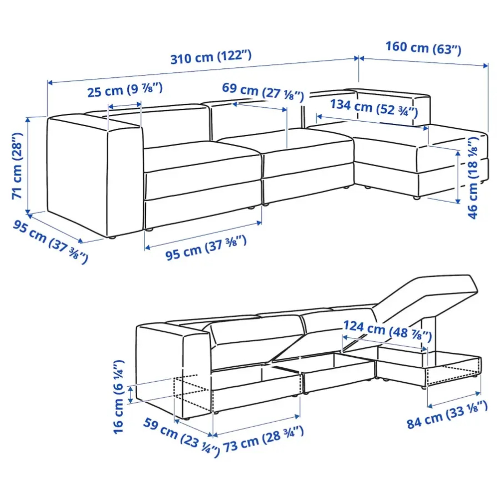 3-местный диван и козетка - IKEA JÄTTEBO/JATTEBO, 71x160x310см, серый/светло-серый, ЙЕТТЕБО ИКЕА