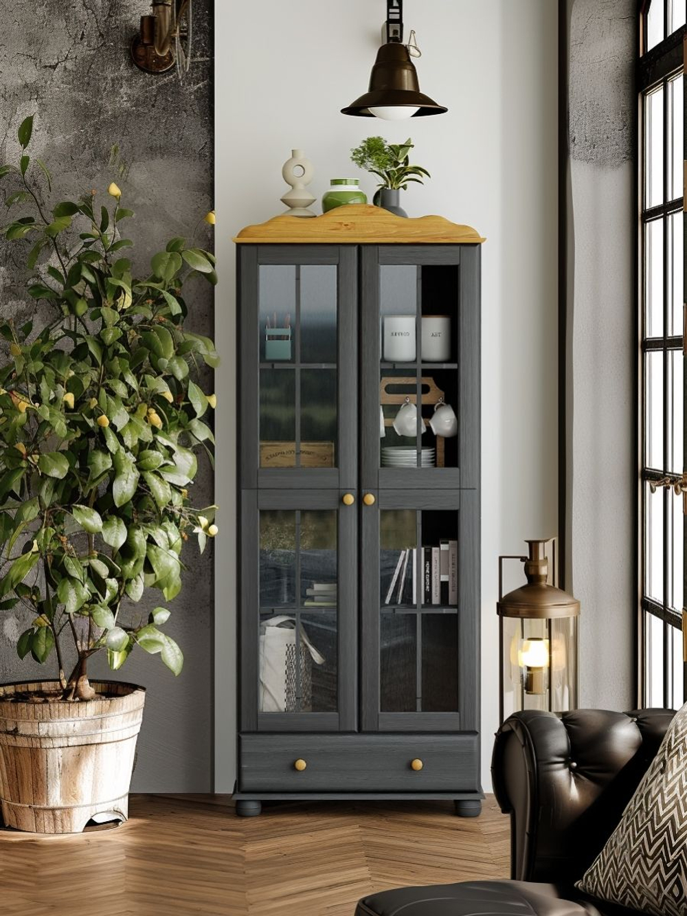Шкаф витрина 77х32х186, Бритта, стеклянная для посуды, буфет, деревянный, двухдверный, массив сосны, серый/антик, Dipriz