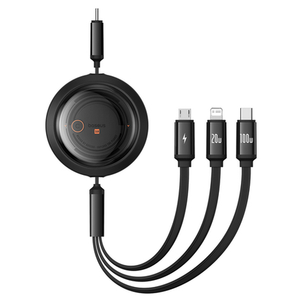Кабель USB-C - C+L+M Baseus Free2Draw Retractable Crystal Charging+Data 100W 1.1m - Cluster Black