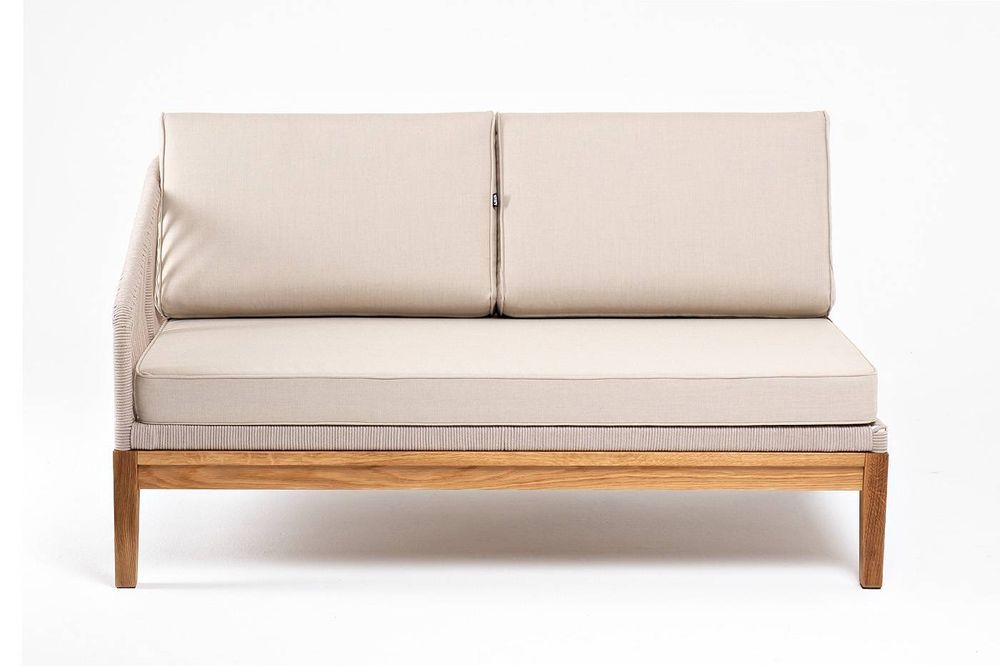 "Канны" правый модуль плетеный из роупа, основание дуб, роуп бежевый круглый, ткань бежевая 052