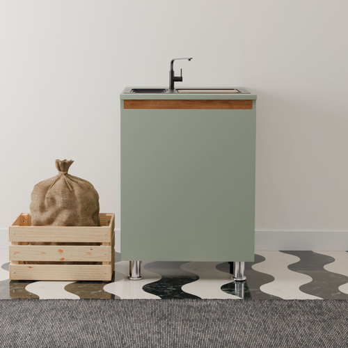 Кухонный модуль напольный под мойку 60 см Малага со столешницей, с дубовой панелью, на ножках / зеленый самшит, массив дуба