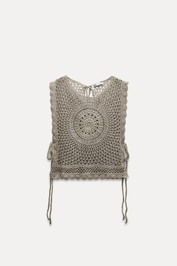 ZARA ТРИКОТАЖНЫЙ ТОП ИЗ КРУЖЕВА КРОШЕ С ЗАВЯЗКАМИ, ЛИНЯЛЫЙ ЗЕЛЕНЫЙ