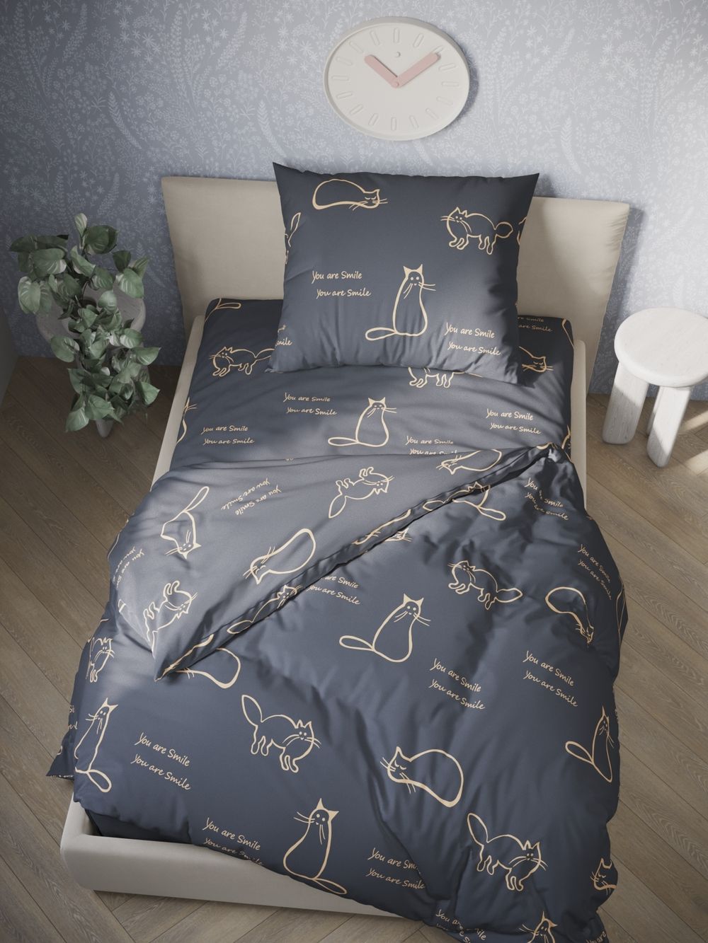 Простынь на резинке Полисатин Мечта "Котики на сером" 90x200 см