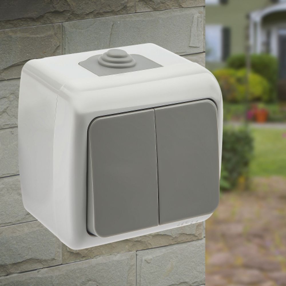 Выключатель Intro Atlantic 5-104-03 двойной, 10А-250В, IP54, открытой установки, серый | Intro