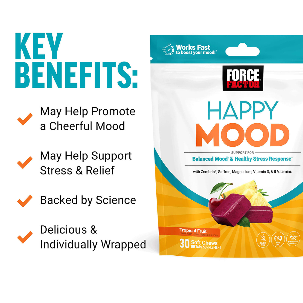 Force Factor, Happy Mood, тропические фрукты, 30 жевательных таблеток