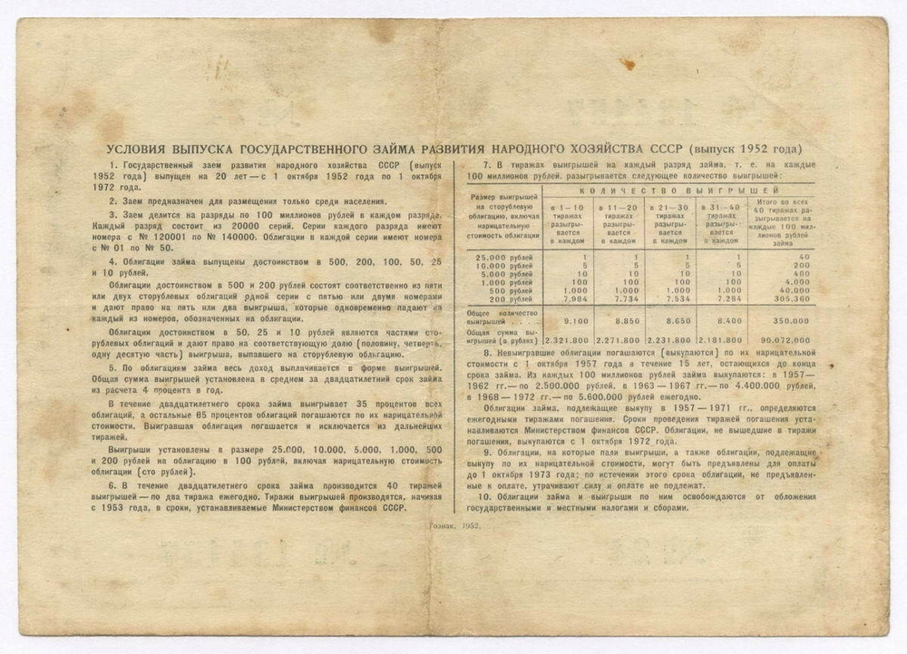 Облигация 100 рублей 1952 год. Серия № 134157. F-VF