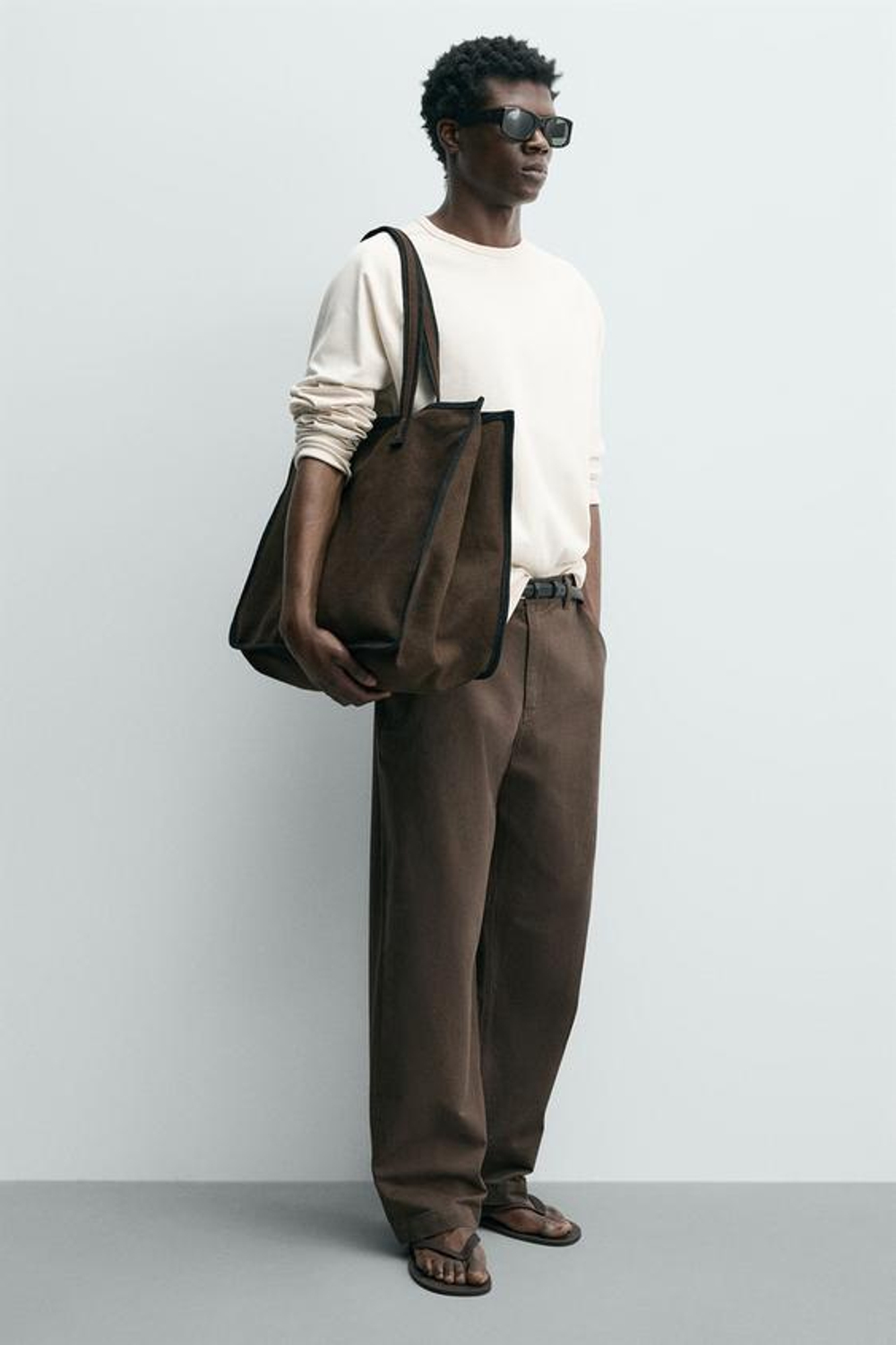 ZARA СУМКА-ШОПЕР ИЗ ТКАНИ, КОРИЧНЕВЫЙ