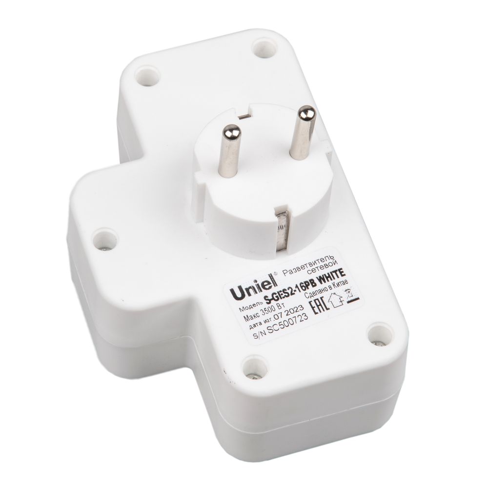 S-GES2-16PB WHITE Разветвитель сетевой с выключателем. с-з. 2 гнезда. 16А. 3500Вт. Белый. ТМ Uniel