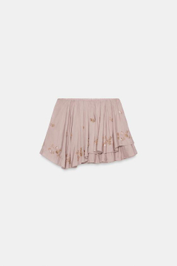 ZARA МИНИ-ЮБКА С ВОЛАНАМИ И БУСИНАМИ, ЦВЕТ МАЛЬВЫ