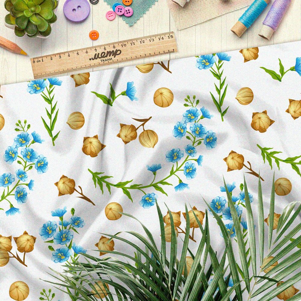 Ткань ниагара фундук и синие цветы на белом фоне