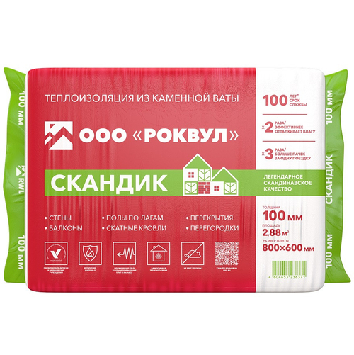 Базальтовая вата Роквул Лайт Баттс Скандик 800х600х100 мм 6 плит в упаковке