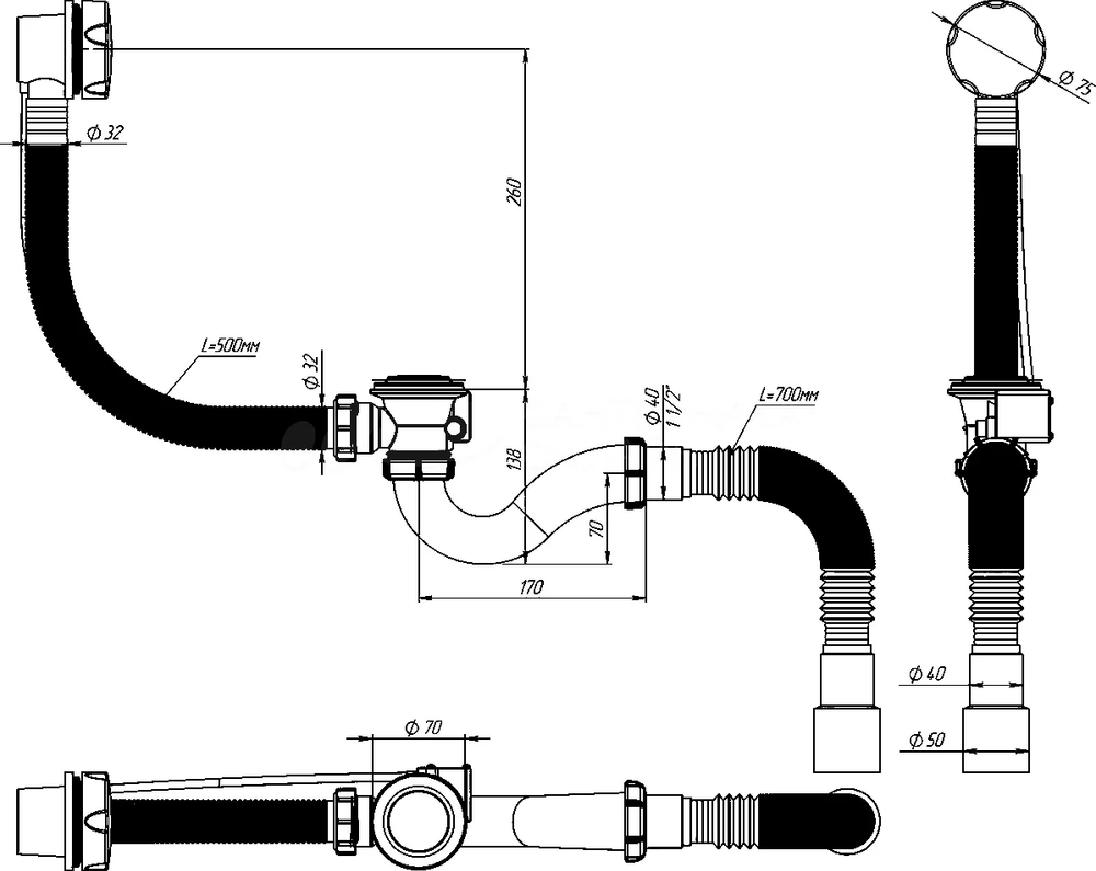 СИФОН ДЛЯ ВАННЫ 1 1/2Х40 AQUANT С ВЫПУСК И ПЕРЕЛ С Г.Т 40Х40/50 ПОЛУАВТОМАТ