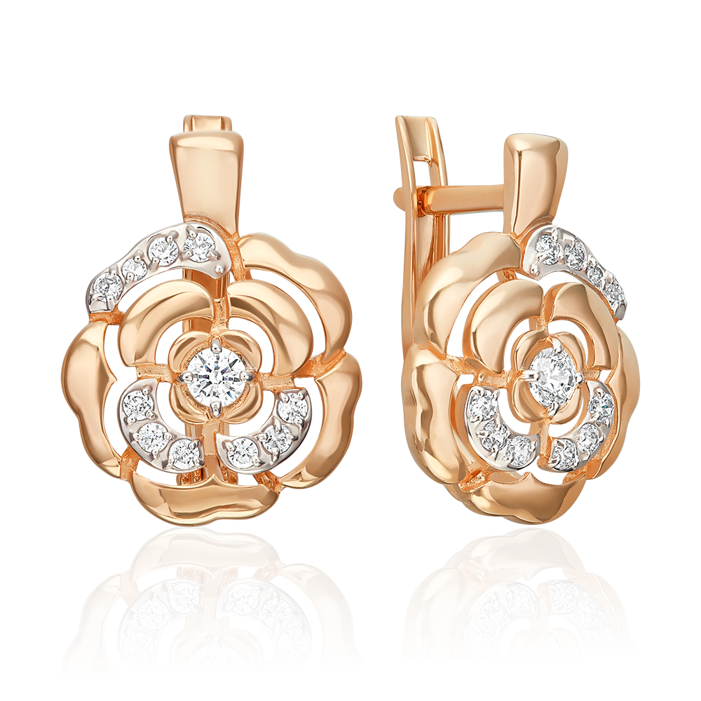 Серьги «Камелии» с английским замком из красного золота с фианитами