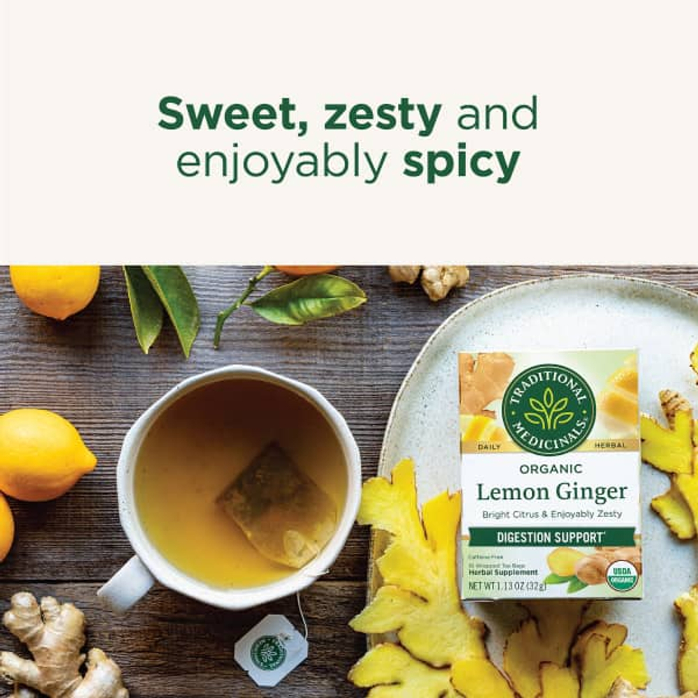 Traditional Medicinals, органический лимон и имбирь, без кофеина, 16 чайных пакетиков, 32 г (1,13 унции)