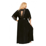 Длинный пеньюар plus size с изящным кружевом и атласным поясом (Размер: 5X) (Цвет: черный)