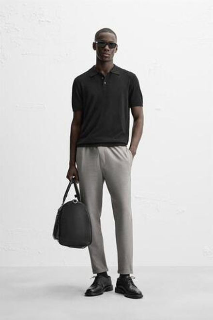 ZARA БРЮКИ EASY CARE С ПОЯСОМ НА ШНУРКЕ, СЕРЫЙ/БЕЖЕВЫЙ