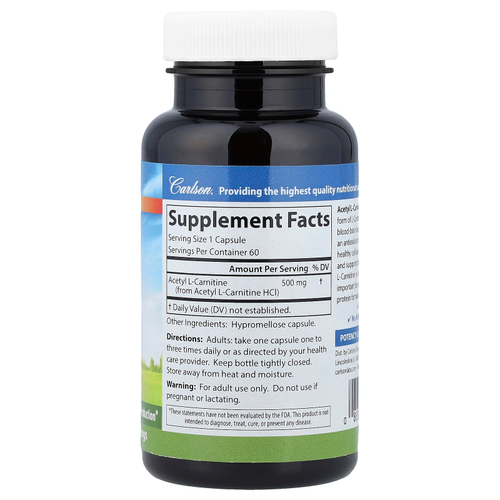 Carlson, Ацетил L-карнитин, 500 мг, 60 вегетарианских капсул