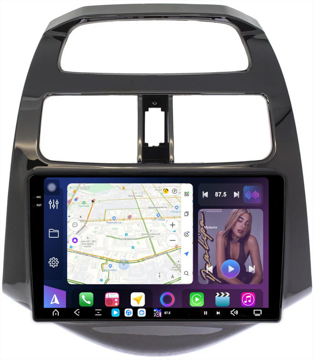 Магнитола для Chevrolet Spark M300 2009-2022, Ravon R2 (рамка глянцевая) - FarCar GX9-3039GL монитор 9.5" 2K QLED на Android 14, TS20, 6+128Гб, CarPlay, 4G SIM-слот