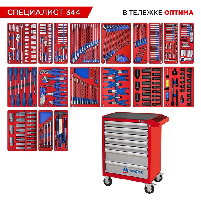 МАСТАК (52-07344R) Набор инструментов 344 предмета, "СПЕЦИАЛИСТ 344", в красной тележке