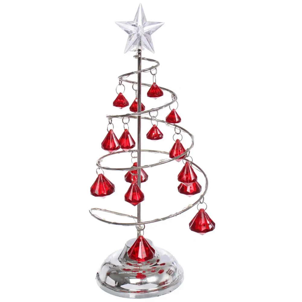 Сувенир с подсветкой «Елочка Хрустальная» 26 см, диаметр 10 см, основание-серебро, свечение-белый, хрусталик Красный (работает от батареек 3 ААА)