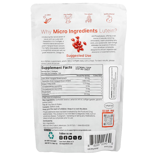 Micro Ingredients, лютеин с зеаксантином, 240 мягких таблеток