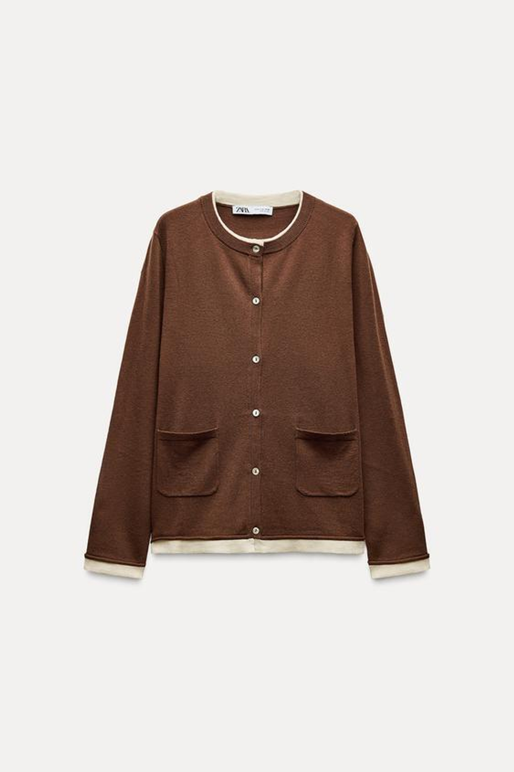 ZARA КАРДИГАН С КОНТРАСТНЫМИ КРОМКАМИ, КОРИЧНЕВЫЙ/ЭКРЮ