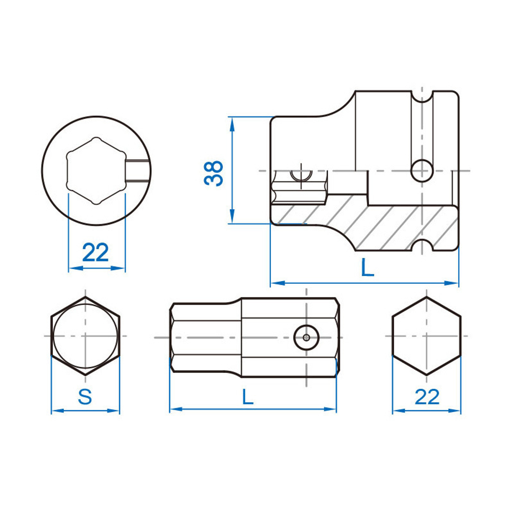 KING TONY (809622M) Держатель вставок (бит) ударный 1">22 мм, с винтовым фиксатором