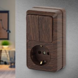 Блок розетка с выключателем Intro Quadro 2-706-10 двойным вертикальный 10А-250В, IP20, ОУ, венге