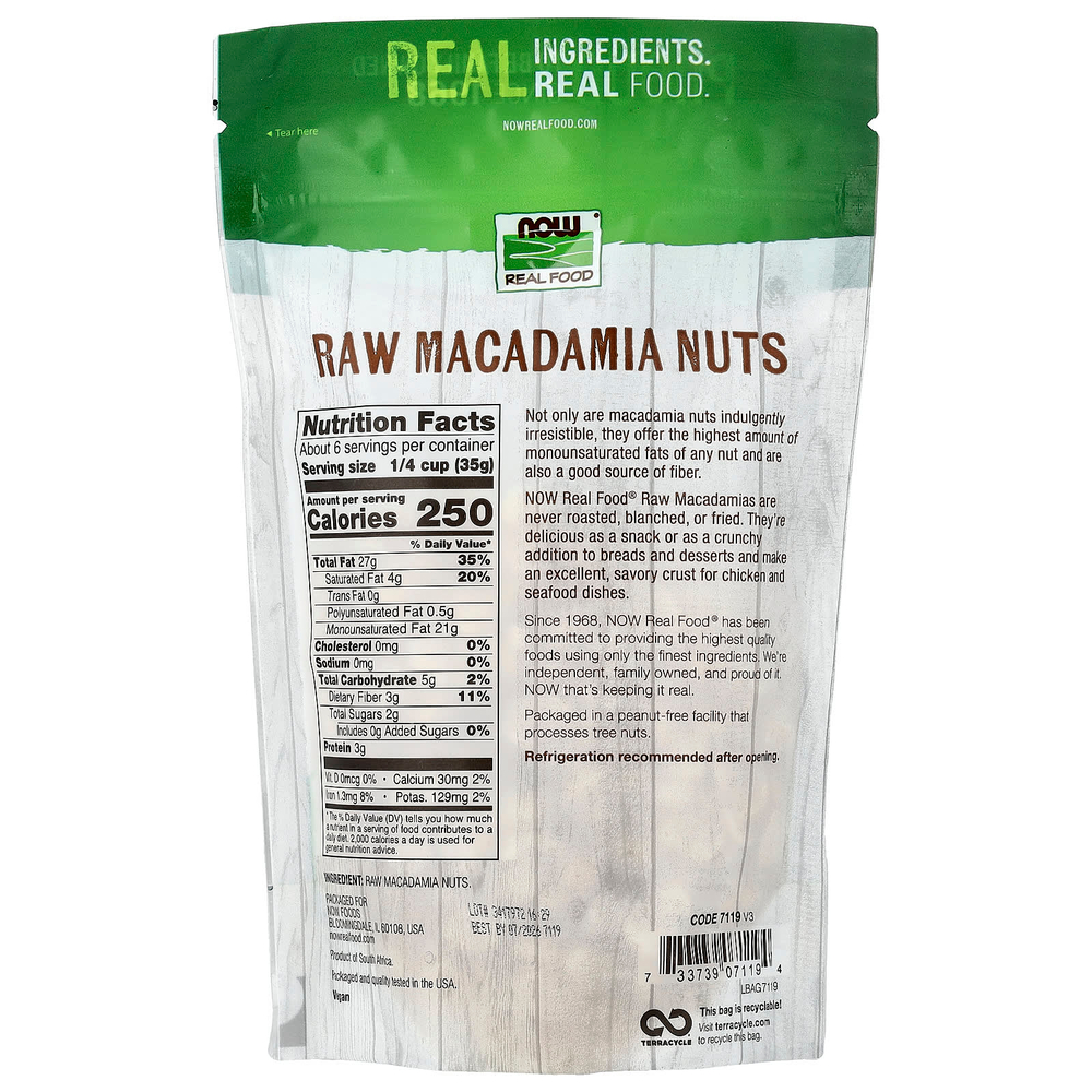 NOW Foods, Real Food, сырые орехи макадамия, несоленые, 227 г (8 унций)