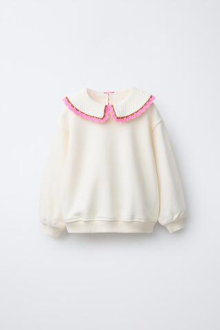 ZARA ТОЛСТОВКА С ВОРОТНИКОМ ИЗ КРУЖЕВА КРОШЕ, ЭКРЮ