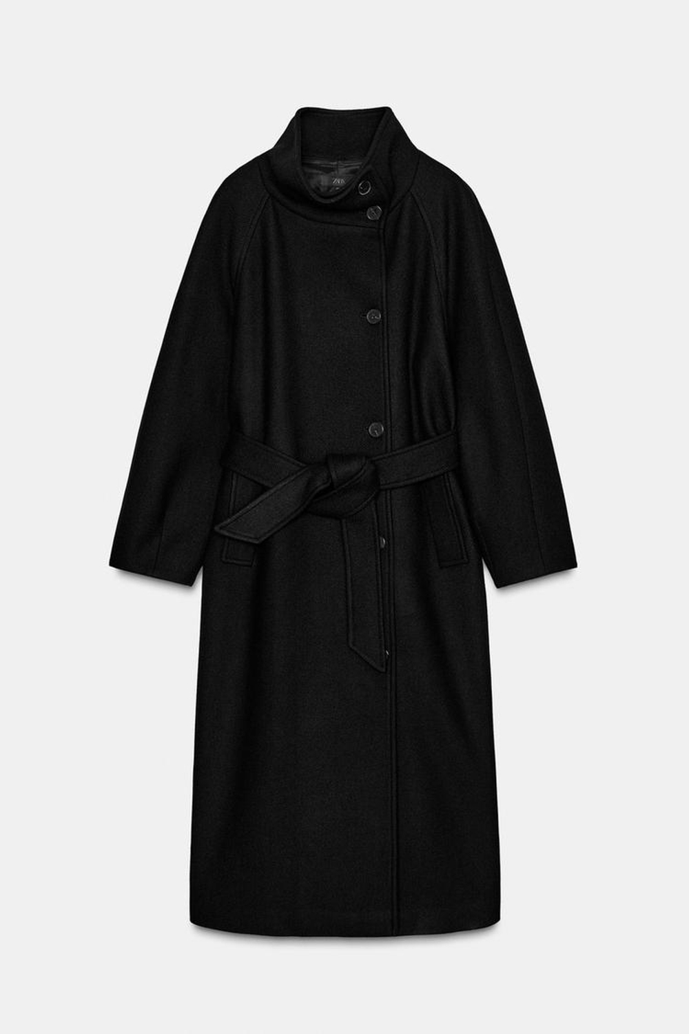 ZARA ДЛИННОЕ ПАЛЬТО ИЗ ШЕРСТИ С ВОРОТНИКОМ СТОЙКОЙ, ЧЕРНЫЙ