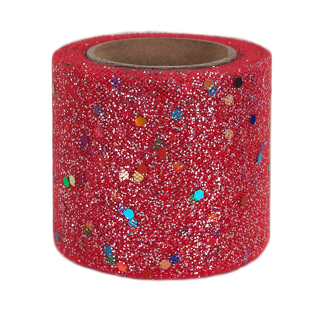 Лента (5,5 см*13,72 м) Фатин с блестками и пайетками, Красный, 1 шт.