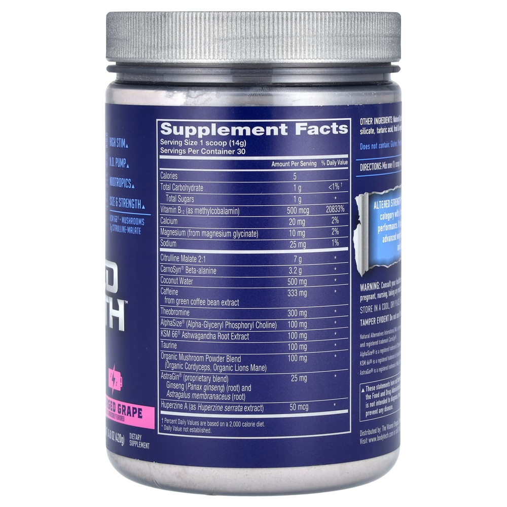 BodyTech, Elite, Altered Strength, предтренировочный комплекс, заряженный виноград, 420 г (14,8 унции)