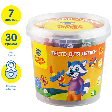 Тесто для лепки Мульти-Пульти "Енот в деревне", 07 цветов*30г, пластиковый стакан