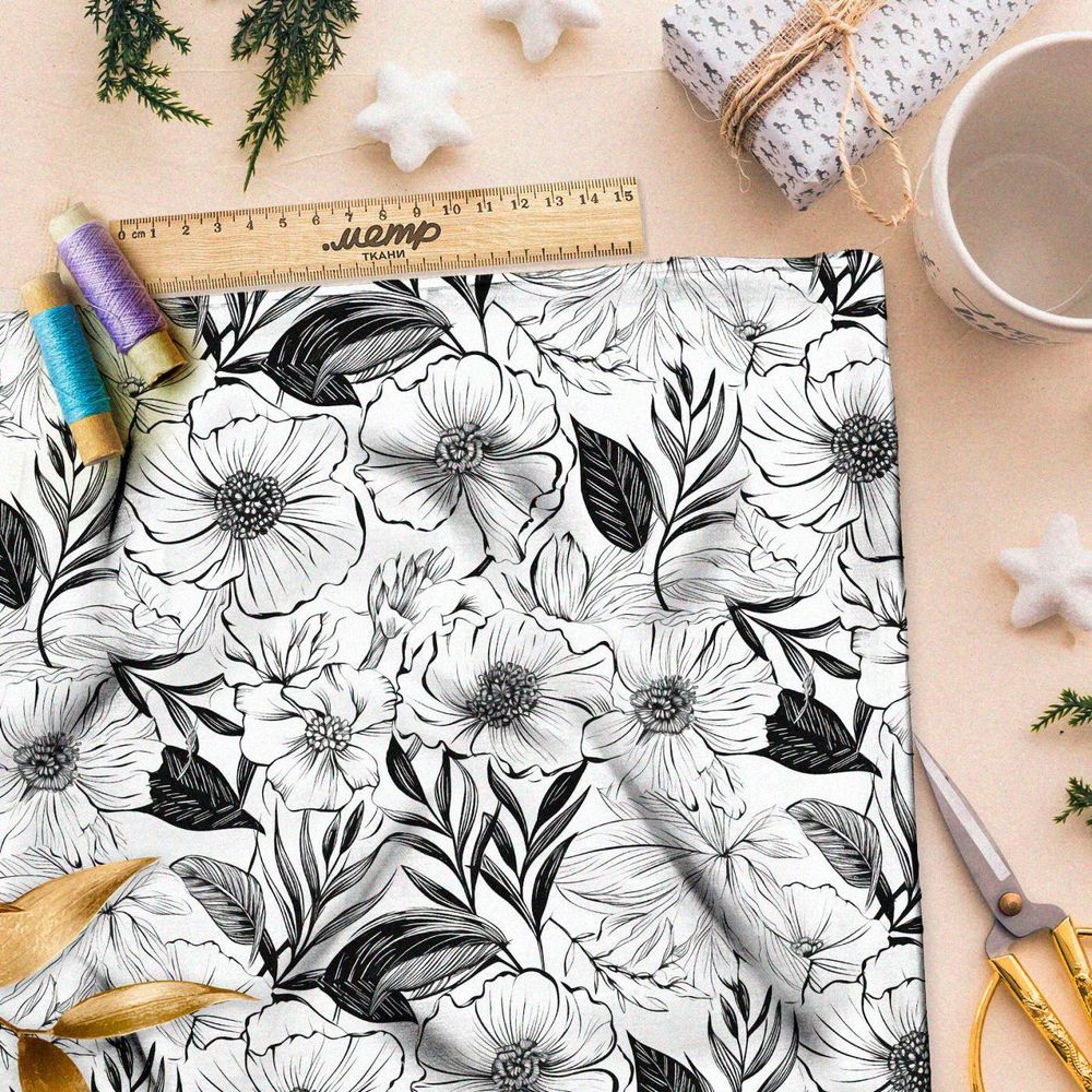 Ткань премиум бифлекс серо-белая цветочная фантазия