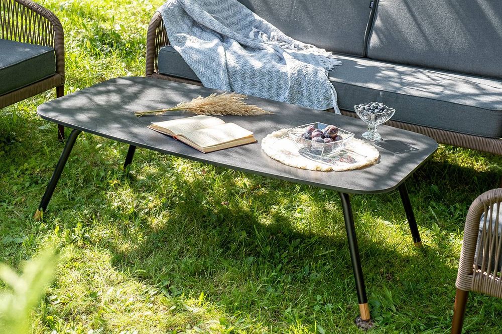 "Канны" лаунж-зона 4-местная из роупа со столом "Верона" (серый гранит), каркас алюминиевый коричневый, роуп коричневый