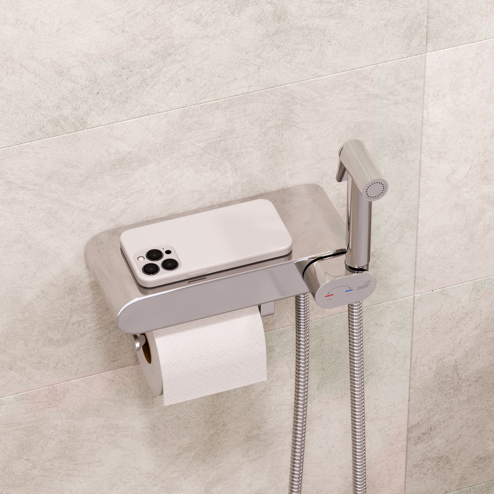 Смеситель с полочкой и держателем туалетной бумаги, с гигиеническим душем - RGW SP-222, хром