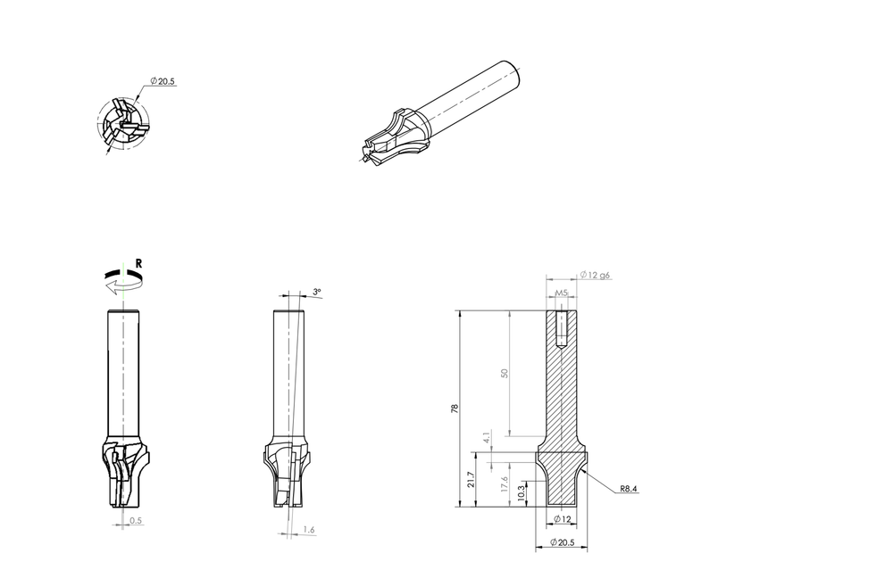 PCD концевая фреза D.20,5x21,7 S.12x50 Z3