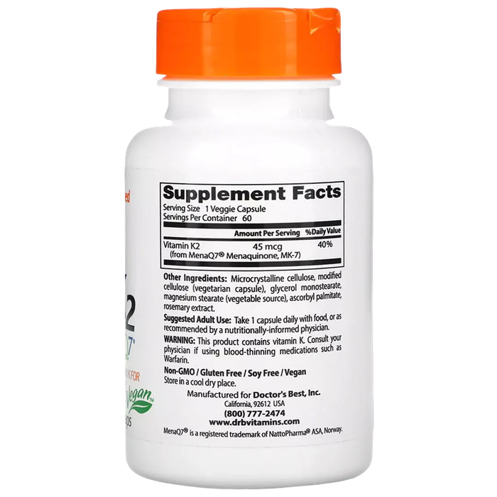 Витамин К2 MK-7 с MenaQ7 45 мкг, Vitamin K2 MK-7 with MenaQ7, Doctor's Best, 60 вегетарианских капсул 2